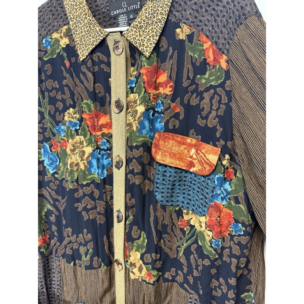 Vtg Carole Little Women Tunic Shirt  Boho Animal Print Floral Button Up Brown 16 - Picture 4 of 13
